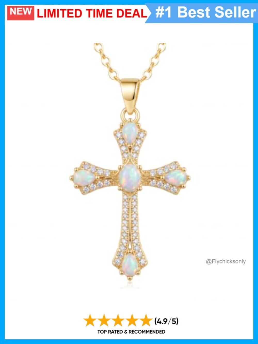14K Gold Plated Opal CZ Cross Pendant Necklace Cable Chain 18 Inch